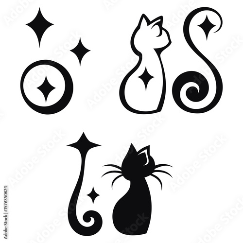 Black and white cat vector art illustration, cute domestic kitten pet animal silhouette drawing