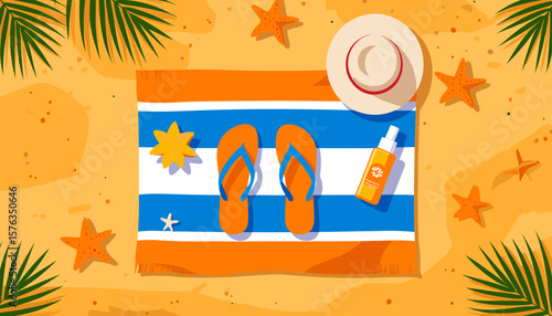Beach towel with flip-flops, hat, and sunscreen on sand, flat vector