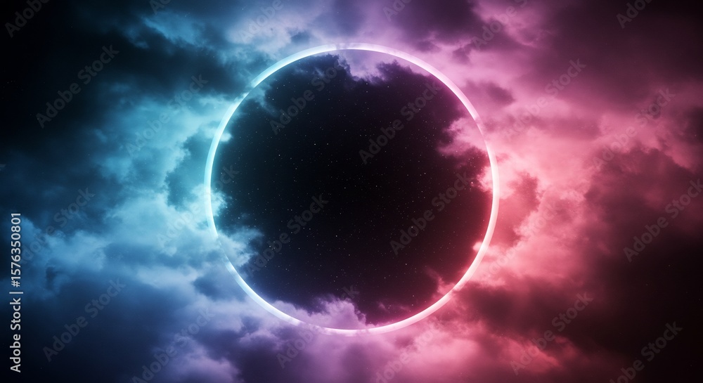 Fototapeta premium Celestial Halo: Neon Ring Encircling Starry Night Sky, Dreamlike Cloudscape