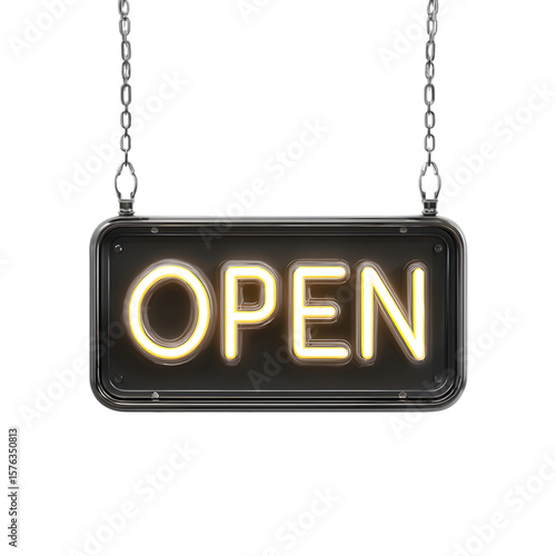 A vibrant neon open sign hangs against a transparent background, conveying welcome and business in a modern and inviting style.