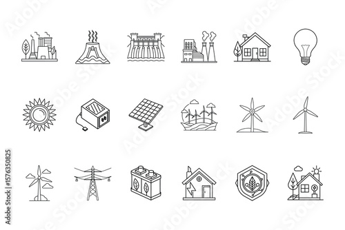 Line icons renewable energy sources including solar panels wind turbines houses vector