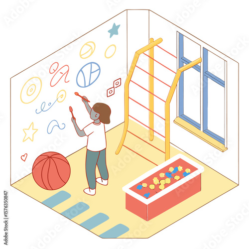 A child drawing on the wall in a playroom with a ball pit, climbing frame and window with blue frames