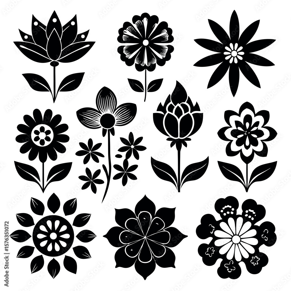 Obraz premium Collection of stylized black and white floral silhouettes on a white background