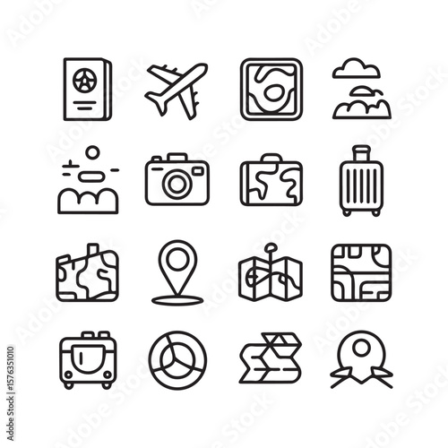 An extensive array of travel icons featuring a passport, airplane, suitcase, globe, camera, map, and location pin, plus a gift and happy face suitcase