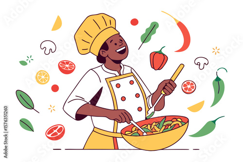 Culinary Joy: A chef creates a vibrant and flavorful dish with fresh ingredients, radiating passion and skill within a welcoming kitchen environment.