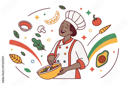 Culinary Harmony: A happy chef in a chef's hat and coat, joyfully mixes fresh ingredients, celebrating the art of food preparation. A vibrant and inviting scene.