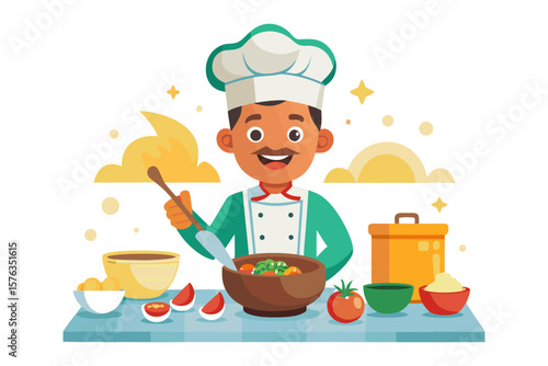 The Cheerful Chef: A culinary artisan is seen smiling and creating delectable dishes. Capture the joy of cooking and creativity in this vector