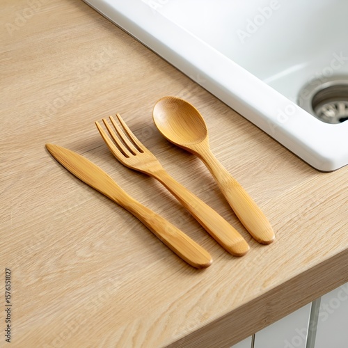Elegant Cutlery Trio: An elegant wooden cutlery set, with a knife, fork, and spoon, rests on a light brown surface, offering a touch of natural beauty and minimalist design.