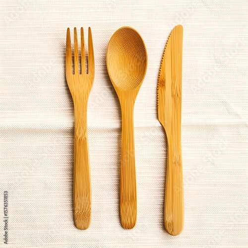 Eco-friendly Cutlery: A close-up shot showcasing a set of wooden cutlery - a fork, spoon, and knife, exuding an aura of sustainability and simple elegance.
