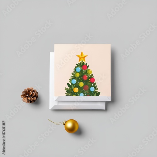 Festive Christmas card and decoration: A cozy holiday scene with a charming Christmas card as its centerpiece, complemented by a classic golden ornament and a textured pinecone.