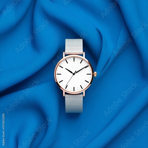 Elegance in Time: A modern wristwatch with a clean white dial and minimalist design, presented on a vibrant blue silk, embodying the concept of timeless luxury.