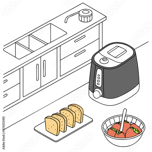 Isometric kitchen scene featuring a sink, toaster, bread slices, and a bowl of strawberries neatly arranged