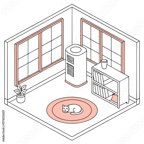 Isometric view of a room with windows cat on a rug air purifier and bookcase in a minimalist style