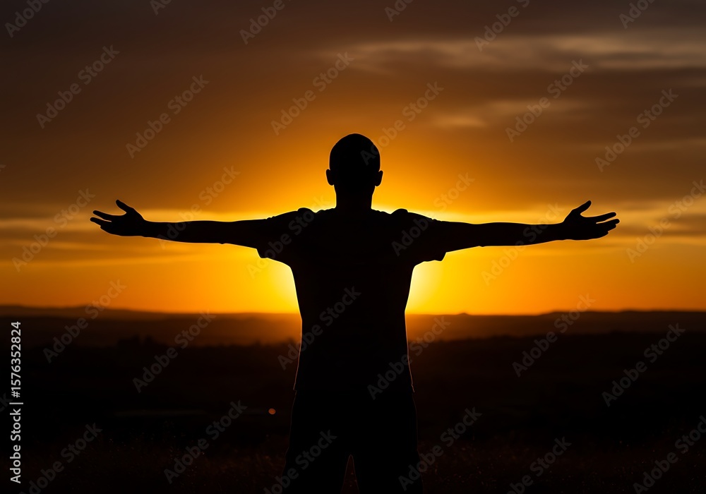 Fototapeta premium A man stands silhouetted with open arms at sunset