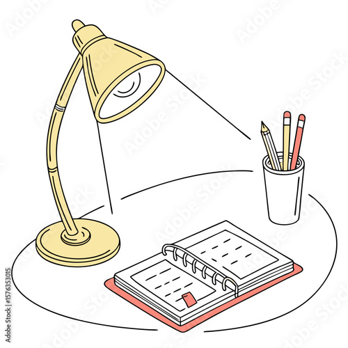 Illustration of a desk lamp illuminating an open notebook with pencils in a cup on a round table top