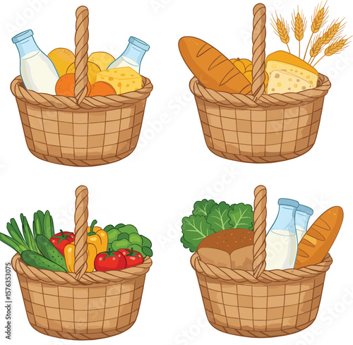 Set of four cartoon picnic baskets filled with fresh produce, dairy, bread, and grains, vector illustration of healthy food and farm goods.