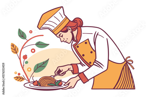 Culinary Craft: A skilled chef delicately garnishes a plate of delectable pasta, a testament to their passion and precision in the art of cooking.