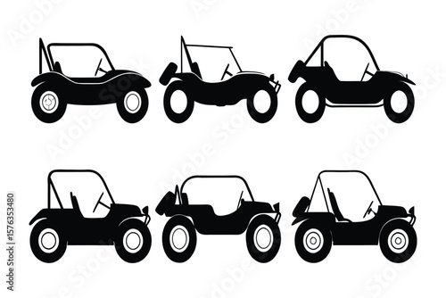 Buggy Variety: A graphic array of six distinct dune buggies presented in stylish silhouettes, ideal for transport design or recreational concepts.