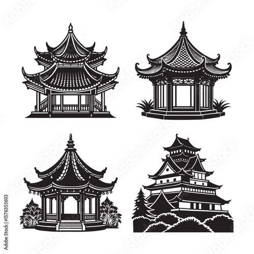 silhouette ancient Chinese pavilion set bundle on the white background