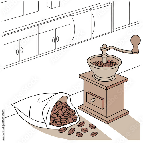 A drawing of a coffee grinder with a bag of coffee beans on a counter with cabinets in the background scene