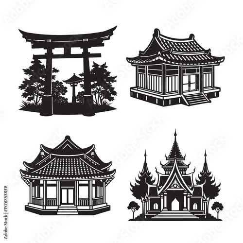 silhouette ancient Chinese pavilion set bundle on the white background