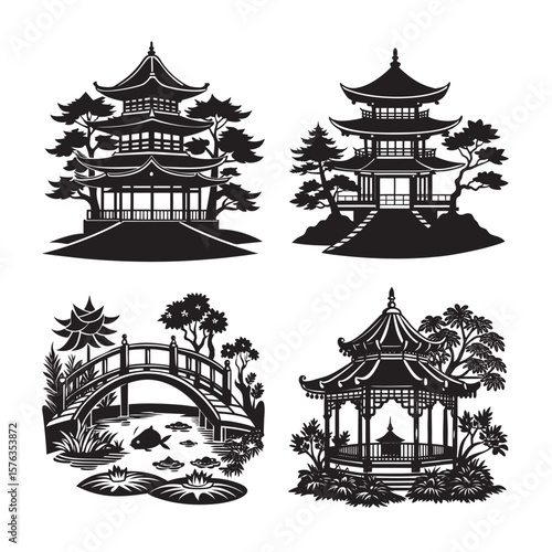 silhouette ancient Chinese pavilion set bundle on the white background