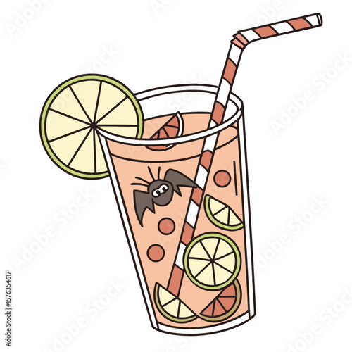 Cartoon illustration of a halloween themed drink with a straw and fruit slices in a glass vessel