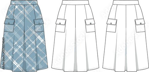 Women's pleated midi cargo skirt technical fashion drawing, front view with plaid pattern, blank flat sketch template for casual and contemporary apparel.