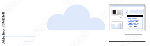 Cloud backdrop with screen showing charts, graphs, and search functionality. Ideal for data management, cloud computing, analytics, information sharing, productivity, tech apps simple landing page