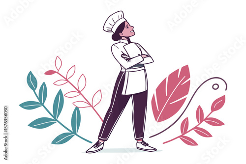 Culinary Confidence: A resolute chef, poised and proud, stands amidst an artful arrangement of botanical elements, embodying culinary excellence and creative inspiration. 