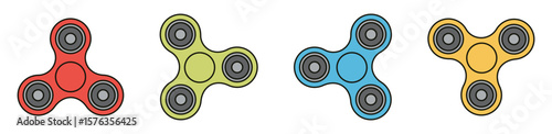 A colorful collection of four fidget spinners in red, green, blue, and yellow on a white background, ideal for stress relief and focusing