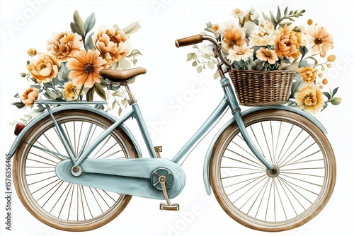 Watercolor illustration of a charming vintage bicycle with a wicker basket filled with orange and cream flowers on a white background. Happy Birthday card.