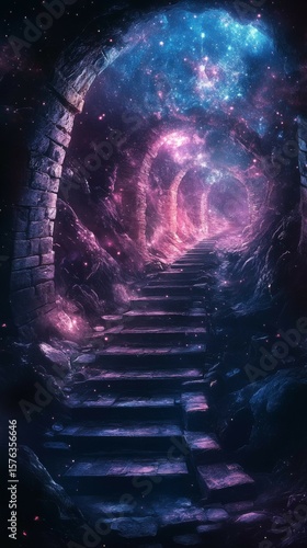 Walking Stone Steps Through Glowing Cave with Starry Sky Above