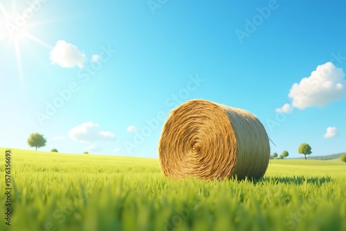 Hay bale on grassy field under sunny blue sky, countryside summer scene