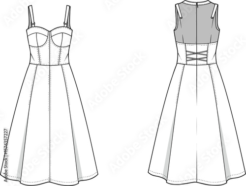Women's midi dress technical fashion flat sketch, front and back view, strappy bustier top with flared skirt, vector template for elegant apparel.