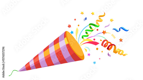 Holiday popper striped cone, firecracker with confetti. Isolated cartoon vector vibrant birthday party shooters burst of joy, releasing festive ribbons to celebrate carnival or special occasion
