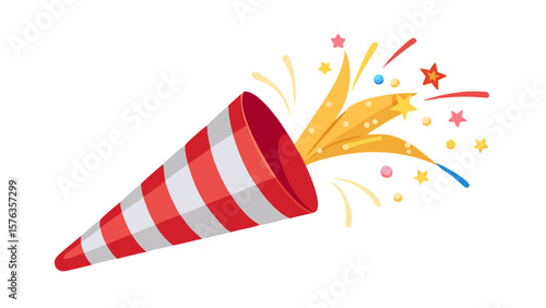 Holiday popper striped cone, firecracker with confetti. Isolated cartoon vector vibrant birthday party shooters burst of joy, releasing festive ribbons to celebrate carnival or special occasion
