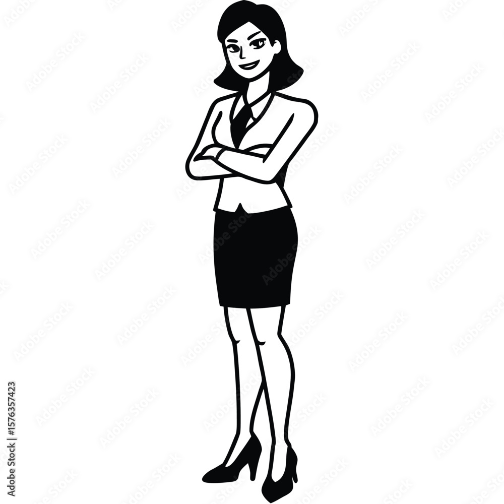 Fototapeta premium Confident business woman with arms crossed in a suit and skirt silhouette