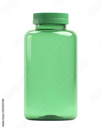 Tall green plastic bottle jar with lid, ideal for supplement packaging, protein container mockup, blank product design, label template use