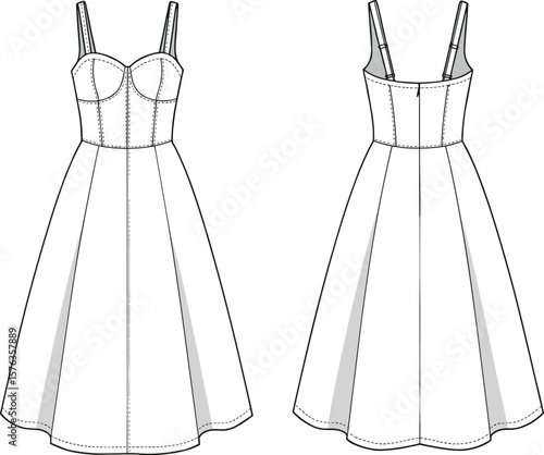 Women's midi dress technical fashion flat sketch, front and back view, strappy bustier top with flared skirt, vector template for elegant apparel.