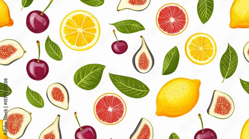 Obraz premium Vibrant fruit pattern featuring lemons, cherries, figs, and citrus slices on a clean white background.