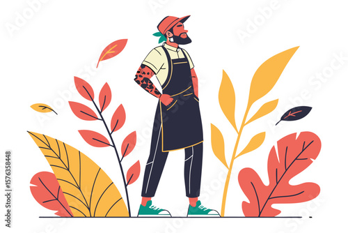 The Confident Artisan Amidst Botanical Embrace: A stylish artisan, exuding confidence and poise, stands amidst an array of colorful foliage and leaves.