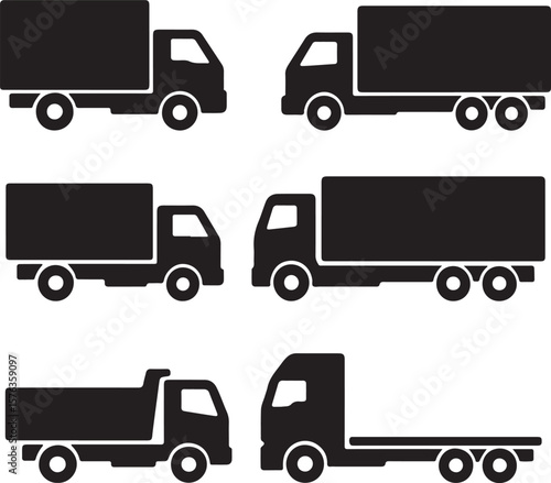 Truck Vector Icon Set – Black Cargo Transport Silhouettes for Delivery, Shipping, and Freight Design