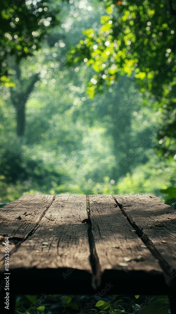 Fototapeta premium Rustic Wood Table in a Lush Green Forest with Soft Sunlight
