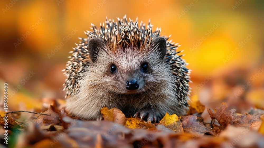 Adorable hedgehog nestled amongst autumn leaves. Adorable hedgehog nestled amongst autumn leaves.