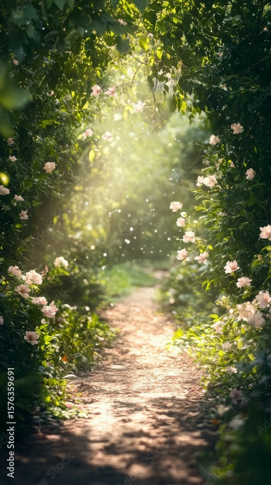 Obraz premium Walking the Floral Path Sunlit Path Through Green Tunnel