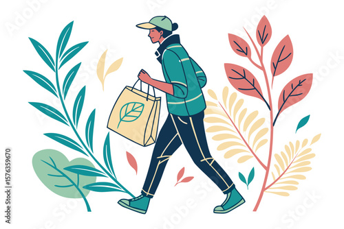 Eco-Conscious Shopper: A person strides purposefully, clutching a reusable shopping bag adorned with a verdant leaf emblem. Amidst a stylized garden of botanical elements.