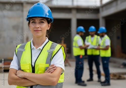 Confident female engineer in hard hat with team at construction site