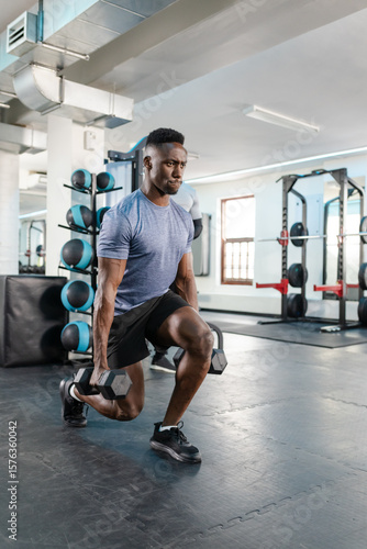 African American man performing weighted lunges holding hex dumbbells on rubber floor in gym