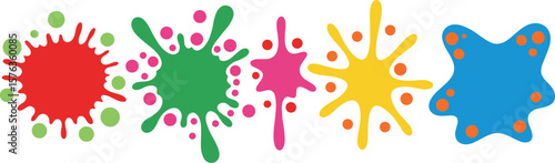 Blot shapes set, colorful splashes collection with uneven fluid rounded wavy edge. Paint spots, blots, puddles, stains with drops, blobs. Liquid watery graphic design elements, text backgrounds set